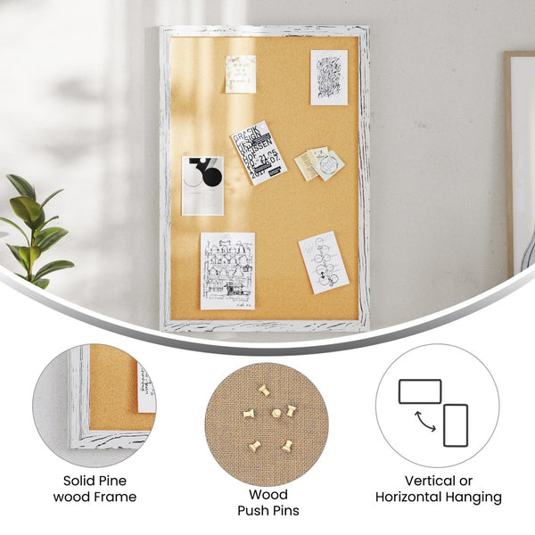 English Elm Camden Rustic Wall Mount Cork Board with Wooden Push Pins - Perfect for Home, Office & School Decor White Washed 20"W x 30"H HGWA-CK-20X30-WHTWSH-GG