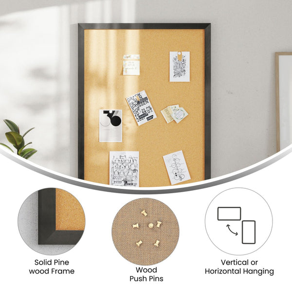 English Elm Camden Rustic Wall Mount Cork Board with Wooden Push Pins - Perfect for Home, Office & School Decor Black 24"W x 36"H HGWA-CK-24X36-BLK-GG