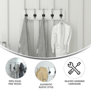 English Elm Daly 24 Inch Wall Mounted Solid Pine Storage Rack with 5 Hooks for Stylish Entryway Organization HGWA-SCR-5-SLDWHT-GG