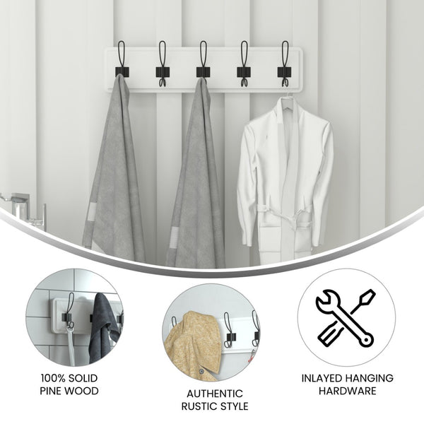 English Elm Daly 24 Inch Wall Mounted Solid Pine Storage Rack with 5 Hooks for Stylish Entryway Organization HGWA-SCR-5-SLDWHT-GG