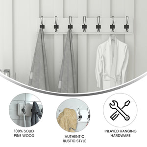 English Elm Daly Wall Mounted 34-Inch Solid White Pine Storage Rack with 7 Hooks for Stylish Organization Anywhere HGWA-SCR-7-SLDWHT-GG