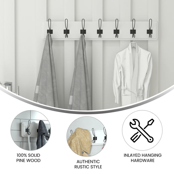 English Elm Daly Wall Mounted 34-Inch Solid White Pine Storage Rack with 7 Hooks for Stylish Organization Anywhere HGWA-SCR-7-SLDWHT-GG