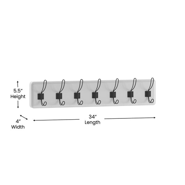 English Elm Daly Wall Mounted 34-Inch Solid White Pine Storage Rack with 7 Hooks for Stylish Organization Anywhere HGWA-SCR-7-SLDWHT-GG