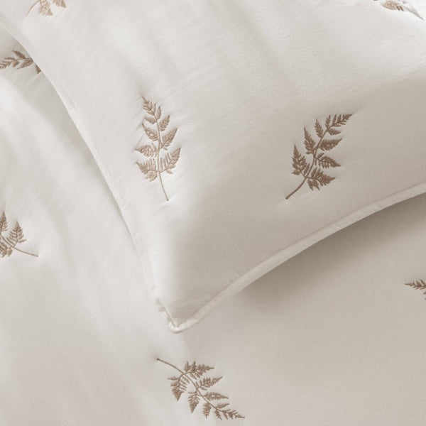 JLA Home Willow Botanical Embroidered Cotton Quilt Set Soft Neutral Tones for Organic Bedrooms White/Tan 90 W x 90 L HH14-2024