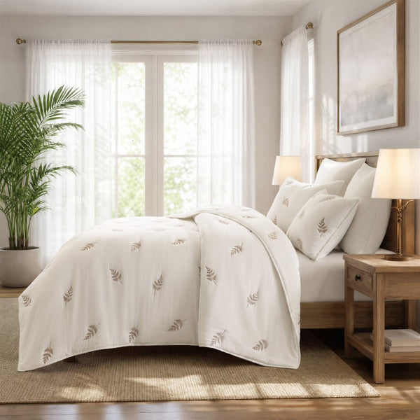 JLA Home Willow Botanical Embroidered Cotton Quilt Set Soft Neutral Tones for Organic Bedrooms White/Tan 90 W x 90 L HH14-2024