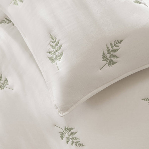 JLA Home Willow Botanical Embroidered Cotton Quilt Set Soft Neutral Tones for Organic Bedrooms White/Sage 90 W x 90 L HH14-2026