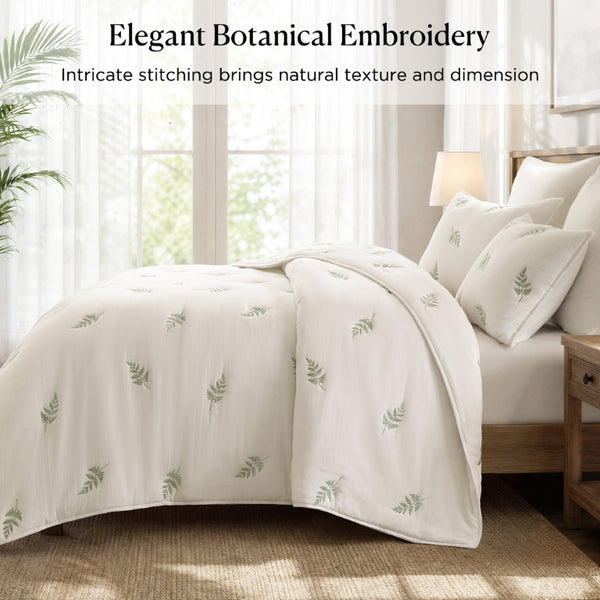 JLA Home Willow Botanical Embroidered Cotton Quilt Set Soft Neutral Tones for Organic Bedrooms White/Sage 108 W x 90 L HH14-2027
