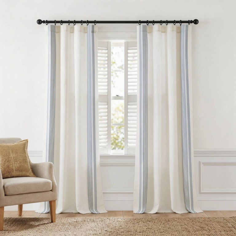 JLA Home Morgan Recycled Cotton Jacquard Stripe Curtain Panels with Ring Top Hardware White/Blue HH40-1992