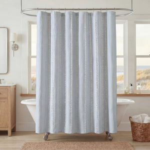 JLA Home Anslee Cotton Jacquard Stripe Shower Curtain with Pompom Trim for Farmhouse Bathrooms Blue HH70-1989