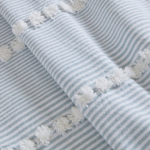 JLA Home Anslee Cotton Jacquard Stripe Shower Curtain with Pompom Trim for Farmhouse Bathrooms Blue HH70-1989