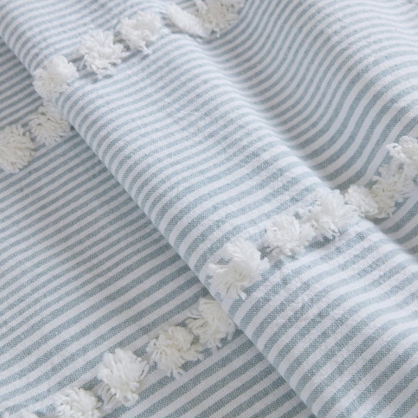 JLA Home Anslee Cotton Jacquard Stripe Shower Curtain with Pompom Trim for Farmhouse Bathrooms Blue HH70-1989