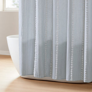 JLA Home Anslee Cotton Jacquard Stripe Shower Curtain with Pompom Trim for Farmhouse Bathrooms Blue HH70-1989