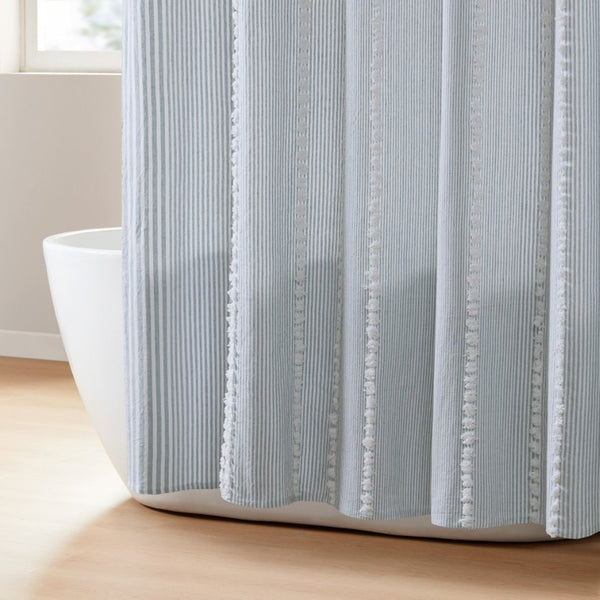 JLA Home Anslee Cotton Jacquard Stripe Shower Curtain with Pompom Trim for Farmhouse Bathrooms Blue HH70-1989