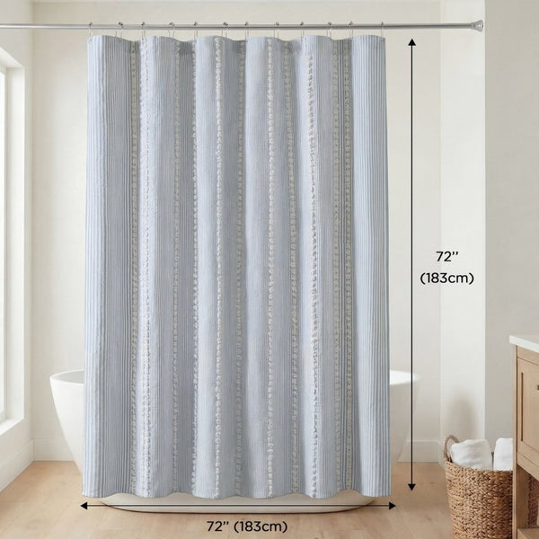 JLA Home Anslee Cotton Jacquard Stripe Shower Curtain with Pompom Trim for Farmhouse Bathrooms Blue HH70-1989