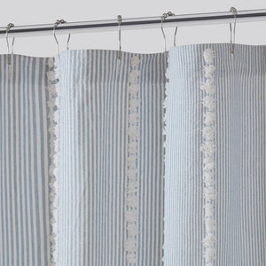 JLA Home Anslee Cotton Jacquard Stripe Shower Curtain with Pompom Trim for Farmhouse Bathrooms Blue HH70-1989