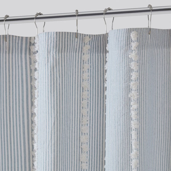 JLA Home Anslee Cotton Jacquard Stripe Shower Curtain with Pompom Trim for Farmhouse Bathrooms Blue HH70-1989