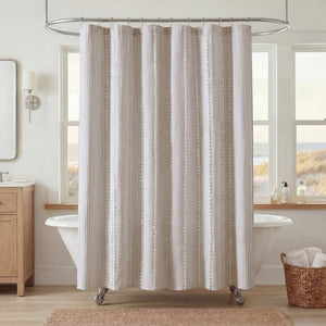 JLA Home Anslee Cotton Jacquard Stripe Shower Curtain with Pompom Trim for Farmhouse Bathrooms Gray HH70-1990