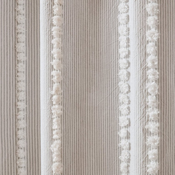 JLA Home Anslee Cotton Jacquard Stripe Shower Curtain with Pompom Trim for Farmhouse Bathrooms Gray HH70-1990
