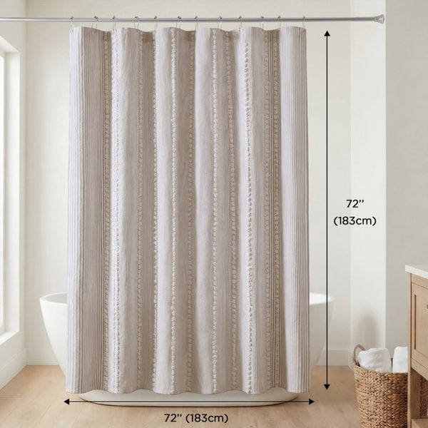 JLA Home Anslee Cotton Jacquard Stripe Shower Curtain with Pompom Trim for Farmhouse Bathrooms Gray HH70-1990