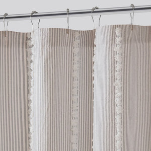 JLA Home Anslee Cotton Jacquard Stripe Shower Curtain with Pompom Trim for Farmhouse Bathrooms Gray HH70-1990