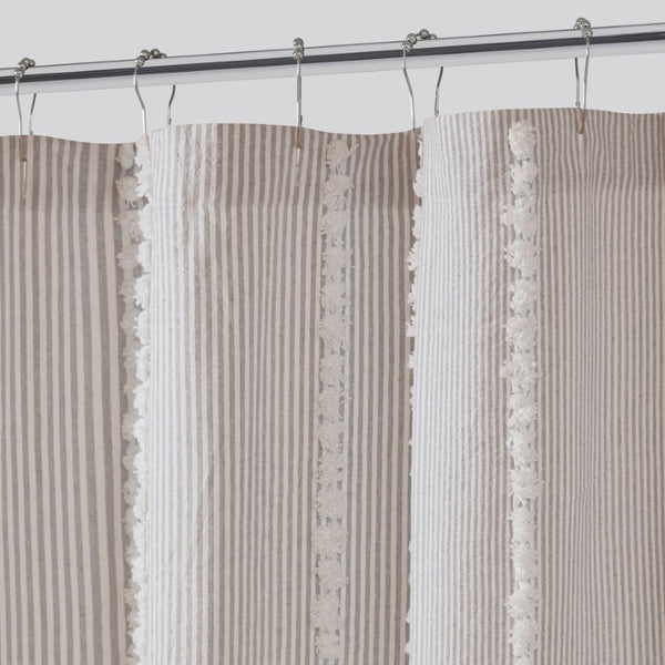 JLA Home Anslee Cotton Jacquard Stripe Shower Curtain with Pompom Trim for Farmhouse Bathrooms Gray HH70-1990