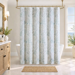 JLA Home Sea Meadow Woven Cotton Shower Curtain Coastal Print for Beach House Bathrooms HH70-1997