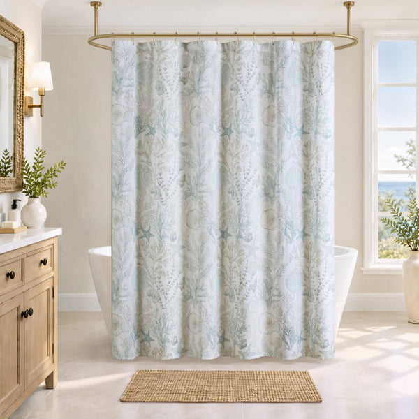 JLA Home Sea Meadow Woven Cotton Shower Curtain Coastal Print for Beach House Bathrooms HH70-1997