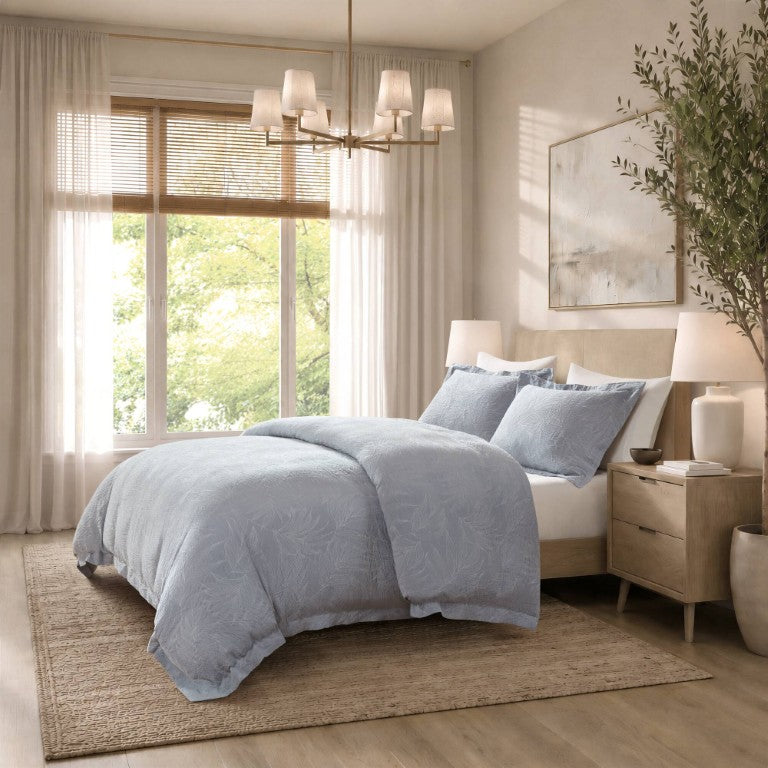 JLA Home Serene Tencel Lyocell Cotton Botanical Jacquard Duvet Cover Set with Button Closure Slate Blue - A HHD12-2040
