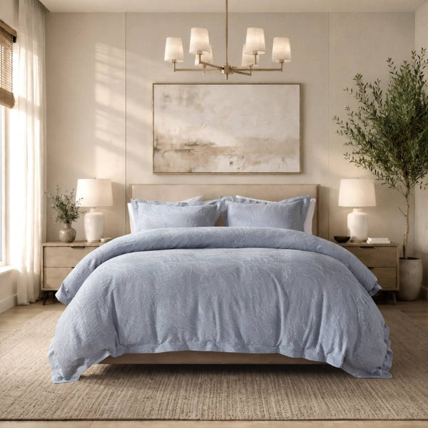JLA Home Serene Tencel Lyocell Cotton Botanical Jacquard Duvet Cover Set with Button Closure Slate Blue - B HHD12-2041