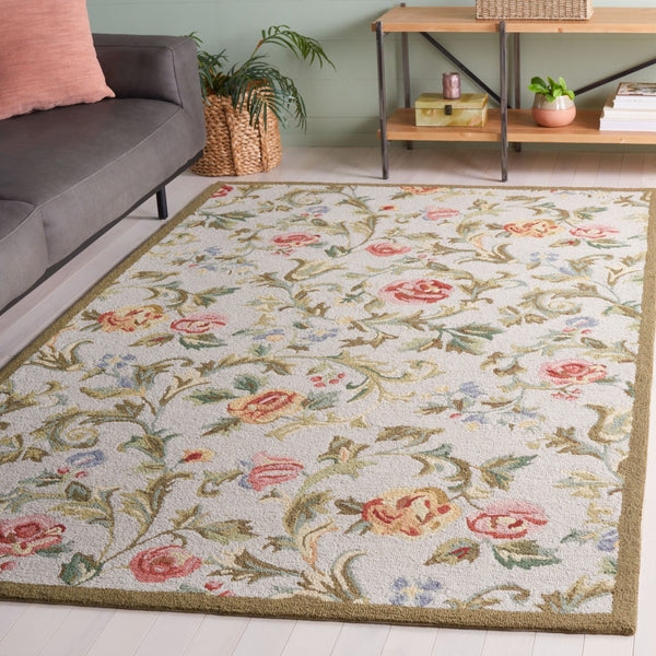 Safavieh Chelsea Hand-hooked Wool Area Rug - Elegant Floral Design In Rich Hues For Luxurious Home Comfort Ivory ,Sage Wool Hk310w-9