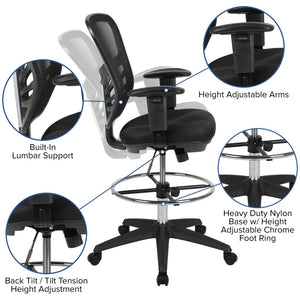 English Elm Tyler Ergonomic Drafting Chair with Adjustable Chrome Foot Ring for Enhanced Comfort and Style Black Mesh/Black Frame HL-0001-1CBLACK-GG