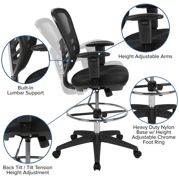 English Elm Tyler Ergonomic Drafting Chair with Adjustable Chrome Foot Ring for Enhanced Comfort and Style Black Mesh/Black Frame HL-0001-1CBLACK-GG