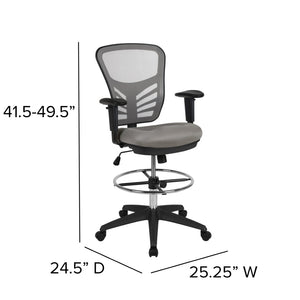 English Elm Tyler Ergonomic Drafting Chair with Adjustable Chrome Foot Ring for Enhanced Comfort and Style Light Gray Mesh/Black Frame HL-0001-1CBLACK-LTGY-GG
