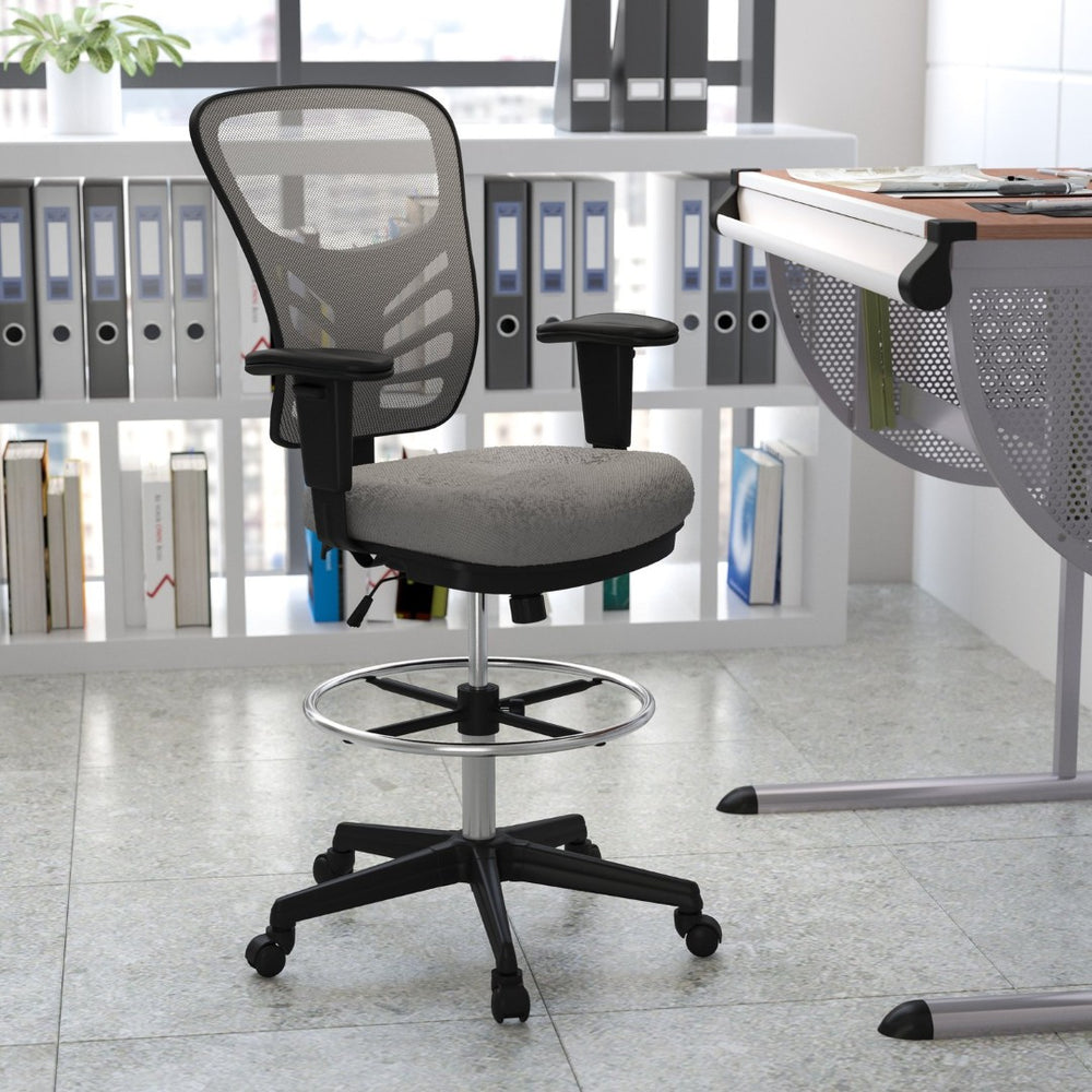 English Elm Tyler Ergonomic Drafting Chair with Adjustable Chrome Foot Ring for Enhanced Comfort and Style Light Gray Mesh/Black Frame HL-0001-1CBLACK-LTGY-GG