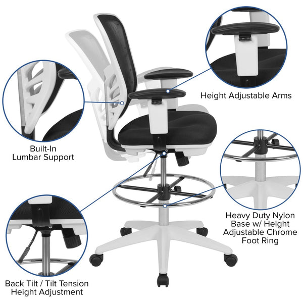 English Elm Tyler Ergonomic Drafting Chair with Adjustable Chrome Foot Ring for Enhanced Comfort and Style Black Mesh/White Frame HL-0001-1CWHITE-GG