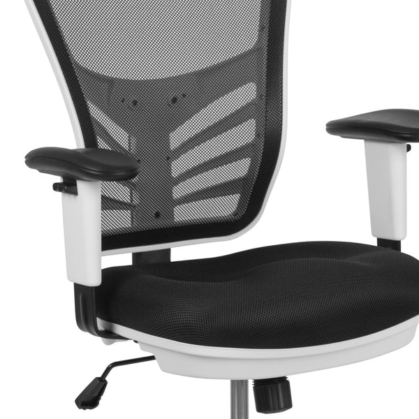 English Elm Tyler Ergonomic Drafting Chair with Adjustable Chrome Foot Ring for Enhanced Comfort and Style Black Mesh/White Frame HL-0001-1CWHITE-GG
