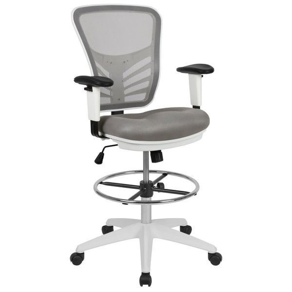 English Elm Tyler Ergonomic Drafting Chair with Adjustable Chrome Foot Ring for Enhanced Comfort and Style Light Gray Mesh/White Frame HL-0001-1CWHITE-LTGY-GG