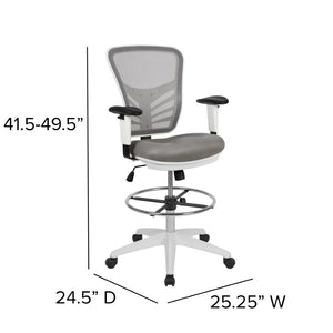 English Elm Tyler Ergonomic Drafting Chair with Adjustable Chrome Foot Ring for Enhanced Comfort and Style Light Gray Mesh/White Frame HL-0001-1CWHITE-LTGY-GG