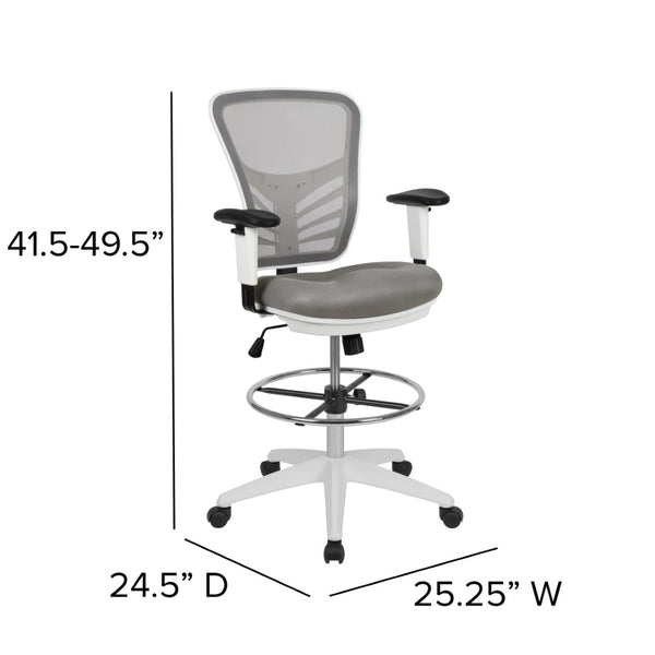 English Elm Tyler Ergonomic Drafting Chair with Adjustable Chrome Foot Ring for Enhanced Comfort and Style Light Gray Mesh/White Frame HL-0001-1CWHITE-LTGY-GG