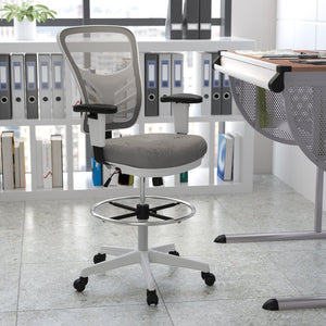English Elm Tyler Ergonomic Drafting Chair with Adjustable Chrome Foot Ring for Enhanced Comfort and Style Light Gray Mesh/White Frame HL-0001-1CWHITE-LTGY-GG