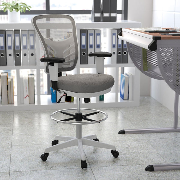 English Elm Tyler Ergonomic Drafting Chair with Adjustable Chrome Foot Ring for Enhanced Comfort and Style Light Gray Mesh/White Frame HL-0001-1CWHITE-LTGY-GG