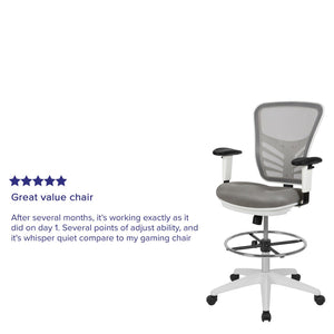 English Elm Tyler Ergonomic Drafting Chair with Adjustable Chrome Foot Ring for Enhanced Comfort and Style Light Gray Mesh/White Frame HL-0001-1CWHITE-LTGY-GG