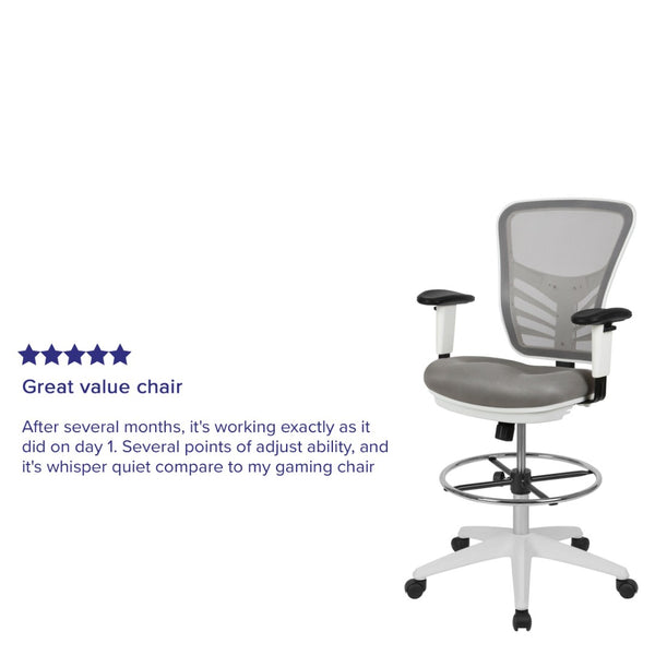English Elm Tyler Ergonomic Drafting Chair with Adjustable Chrome Foot Ring for Enhanced Comfort and Style Light Gray Mesh/White Frame HL-0001-1CWHITE-LTGY-GG