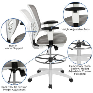 English Elm Tyler Ergonomic Drafting Chair with Adjustable Chrome Foot Ring for Enhanced Comfort and Style Light Gray Mesh/White Frame HL-0001-1CWHITE-LTGY-GG