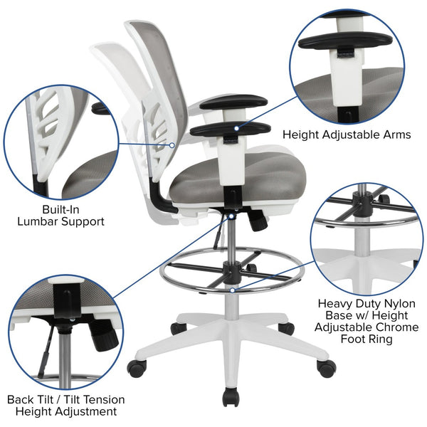 English Elm Tyler Ergonomic Drafting Chair with Adjustable Chrome Foot Ring for Enhanced Comfort and Style Light Gray Mesh/White Frame HL-0001-1CWHITE-LTGY-GG