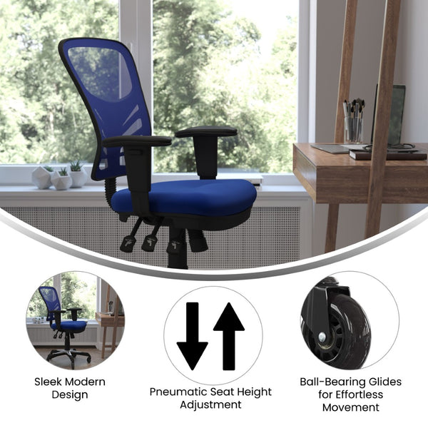 English Elm Nicholas Ergonomic Office Chair with Breathable Mesh, Adjustable Arms, and Smooth Roller Wheels for Comfort Blue/Black Frame HL-0001-BL-RLB-GG