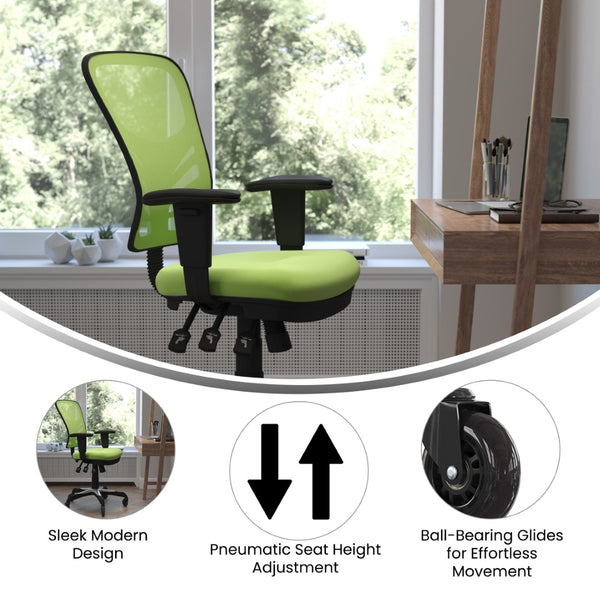 English Elm Nicholas Ergonomic Office Chair with Breathable Mesh, Adjustable Arms, and Smooth Roller Wheels for Comfort Green/Black Frame HL-0001-GN-RLB-GG