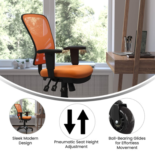 English Elm Nicholas Ergonomic Office Chair with Breathable Mesh, Adjustable Arms, and Smooth Roller Wheels for Comfort Orange/Black Frame HL-0001-OR-RLB-GG