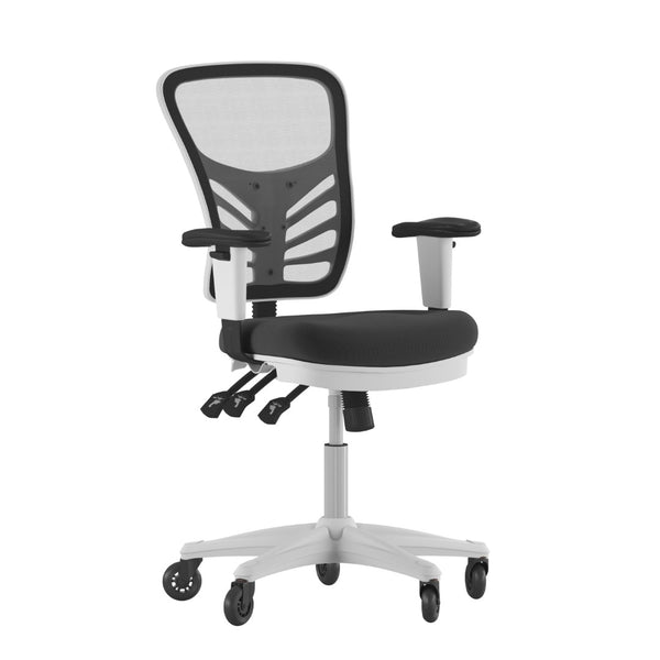 English Elm Nicholas Ergonomic Office Chair with Breathable Mesh, Adjustable Arms, and Smooth Roller Wheels for Comfort Black Mesh/White Frame HL-0001-WH-BK-RLB-GG