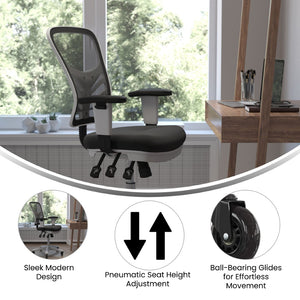 English Elm Nicholas Ergonomic Office Chair with Breathable Mesh, Adjustable Arms, and Smooth Roller Wheels for Comfort Black Mesh/White Frame HL-0001-WH-BK-RLB-GG